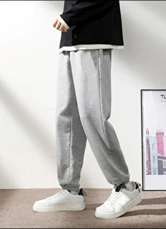 Gri Lastik Paça Erkek Şardonlu Oversize Eşofman Altı
