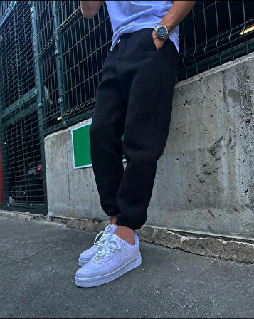 Lastik Paça Siyah Erkek İçi Pamuklu Jogger Eşofman Altı