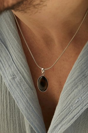OBSIDIAN Pendant 925 Ayar Gümüş Siyah Doğal Taşlı Erkek Kolye 45+5 cm Uzatmalı Yılan Zincir