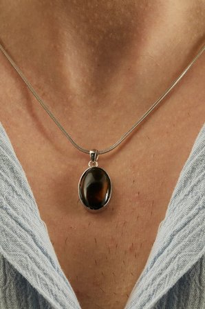 OBSIDIAN Pendant 925 Ayar Gümüş Siyah Doğal Taşlı Erkek Kolye 45+5 cm Uzatmalı Yılan Zincir