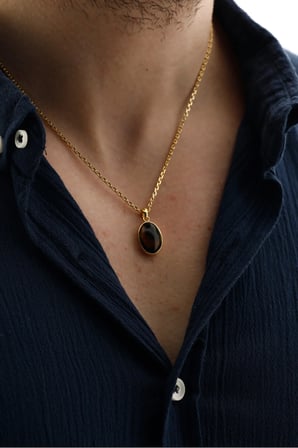 ONYXIS Gold Pendant 925 Ayar 14K Altın Kaplama Siyah Doğal Taşlı Erkek Kolye Küba Zincir