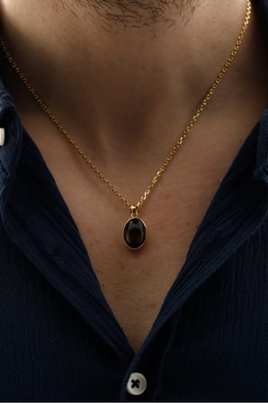 ONYXIS Gold Pendant 925 Ayar 14K Altın Kaplama Siyah Doğal Taşlı Erkek Kolye Küba Zincir