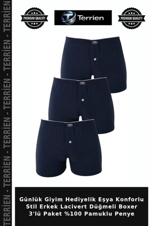 Günlük Giyim Hediyelik Eşya Konforlu Stil Erkek Lacivert Düğmeli Boxer 3'lü Paket %100 Pamuklu Penye