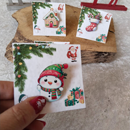 4 Lü Ahşap Yılbaşı Hediyelik Broş Pin