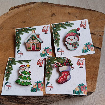 4 Lü Ahşap Yılbaşı Hediyelik Broş Pin