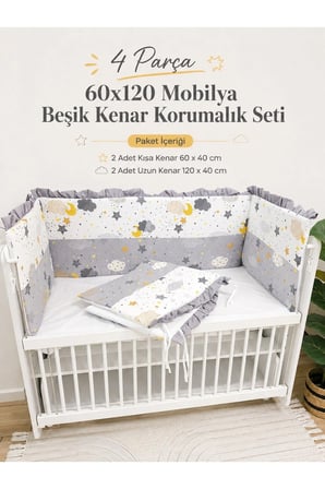 Gri Fırfırlı 60x120 Mobilya Beşik Kenar Koruma Seti - 4 Parça Rüya Serisi