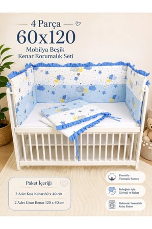 Mavi Fırfırlı 60x120 Mobilya Beşik Kenar Koruma Seti - 4 Parça Rüya Serisi