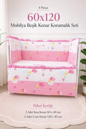 Pembe Fırfırlı 60x120 Mobilya Beşik Kenar Koruma Seti - 4 Parça Rüya Serisi