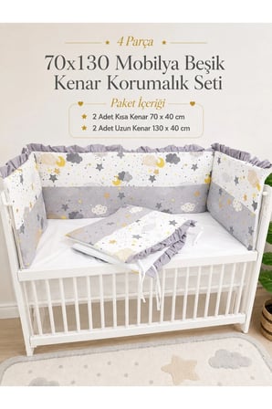 Gri Fırfırlı 70x130 Mobilya Beşik Kenar Koruyucu Seti - 4 Parça Rüya Serisi