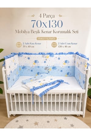 Mavi Fırfırlı 70x130 Mobilya Beşik Kenar Koruyucu Seti - 4 Parça Rüya Serisi