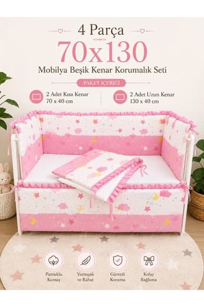 Pembe Fırfırlı 70x130 Mobilya Beşik Kenar Koruyucu Seti - 4 Parça Rüya Serisi