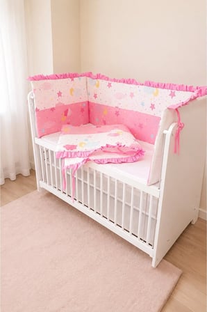 Pembe Fırfırlı 70x130 Mobilya Beşik Kenar Koruyucu Seti - 4 Parça Rüya Serisi