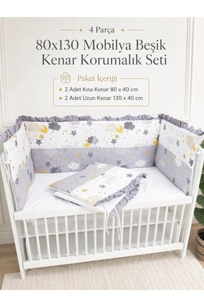 Gri Fırfırlı 80x130 Mobilya Beşik Korumalık Seti - 4 Parça Rüya Serisi