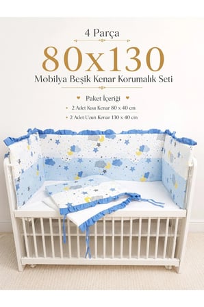 Mavi Fırfırlı 80x130 Mobilya Beşik Korumalık Seti - 4 Parça Rüya Serisi