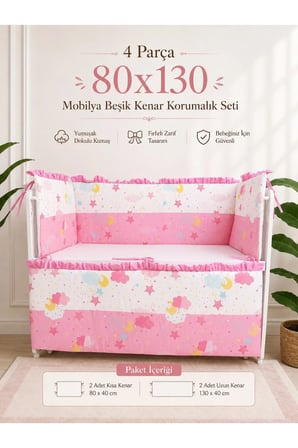 Pembe Fırfırlı 80x130 Mobilya Beşik Korumalık Seti - 4 Parça Rüya Serisi