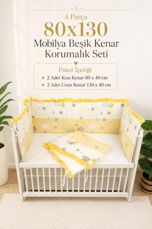 Sarı Fırfırlı 80x130 Mobilya Beşik Korumalık Seti - 4 Parça Rüya Serisi
