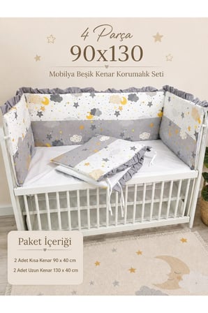 Gri Fırfırlı 90x130 Mobilya Beşik Koruma Seti - 4 Parça Rüya Serisi