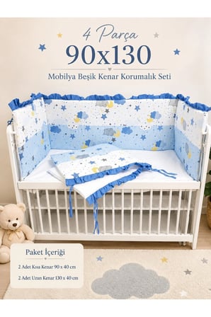 Mavi Fırfırlı 90x130 Mobilya Beşik Koruma Seti - 4 Parça Rüya Serisi