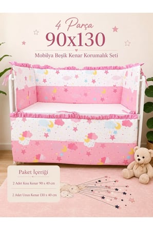 Pembe Fırfırlı 90x130 Mobilya Beşik Koruma Seti - 4 Parça Rüya Serisi