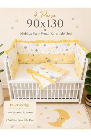 Sarı Fırfırlı 90x130 Mobilya Beşik Koruma Seti - 4 Parça Rüya Serisi