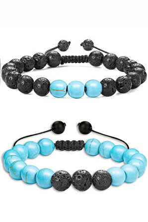 Sertifikalı Doğal Firuze Turkuaz Volkanik Lav Taşı Doğal Taş Bileklik Seti