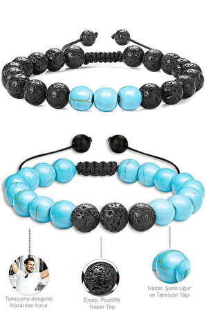 Sertifikalı Doğal Firuze Turkuaz Volkanik Lav Taşı Doğal Taş Bileklik Seti