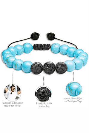 Sertifikalı Doğal Firuze Turkuaz Volkanik Lav Taşı Doğal Taş Bileklik Seti