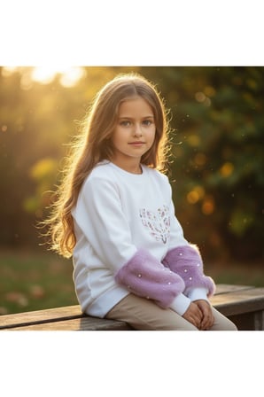 Kız Çocuk Sweatshirt Beyaz Sevimli Kalp Baskılı Peluş Kollu İnci Detaylı Pamuklu Sweatshirt