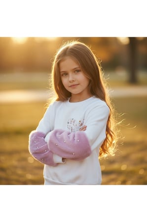 Kız Çocuk Sweatshirt Beyaz Sevimli Kalp Baskılı Peluş Kollu İnci Detaylı Pamuklu Sweatshirt