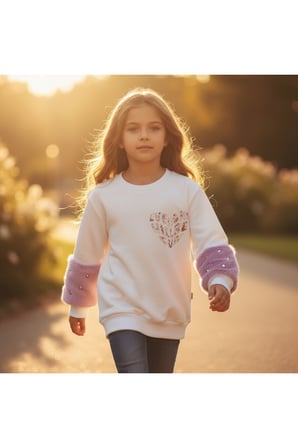 Kız Çocuk Sweatshirt Beyaz Sevimli Kalp Baskılı Peluş Kollu İnci Detaylı Pamuklu Sweatshirt