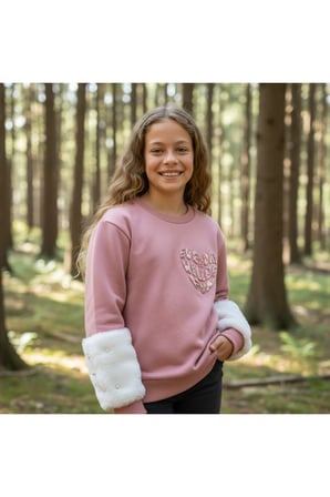 Kız Çocuk Sweatshirt Beyaz Sevimli Kalp Baskılı Peluş Kollu İnci Detaylı Pamuklu Sweatshirt