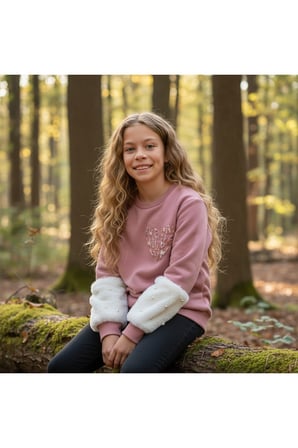Kız Çocuk Sweatshirt Beyaz Sevimli Kalp Baskılı Peluş Kollu İnci Detaylı Pamuklu Sweatshirt