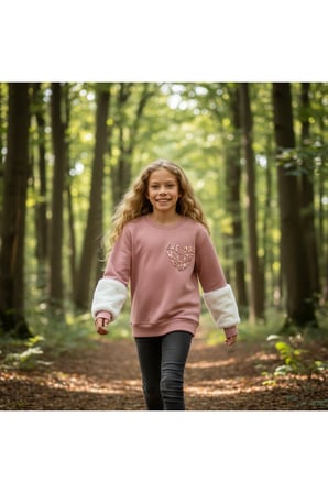 Kız Çocuk Sweatshirt Beyaz Sevimli Kalp Baskılı Peluş Kollu İnci Detaylı Pamuklu Sweatshirt