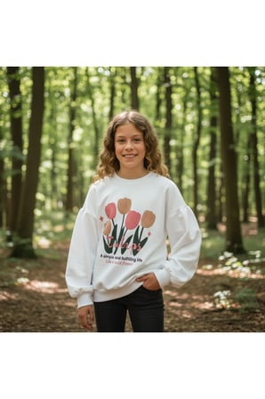 Kız Çocuk Sweatshirt Balon Kol Baskılı Oversize Pamuklu Sweatshirt / Geniş Kalıp Uzun Kollu Tişört