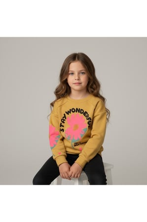 Kız Çocuk Sweatshirt Pamuklu Kışlık Kalın Baskılı Sweatshirt-Uzun Kollu Rahat Kesim Bisiklet Yaka
