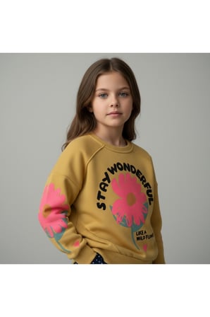 Kız Çocuk Sweatshirt Pamuklu Kışlık Kalın Baskılı Sweatshirt-Uzun Kollu Rahat Kesim Bisiklet Yaka
