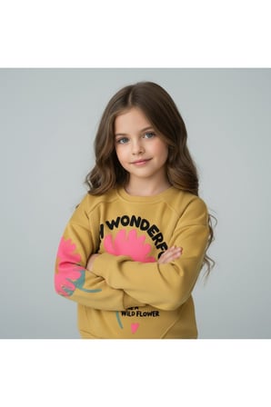 Kız Çocuk Sweatshirt Pamuklu Kışlık Kalın Baskılı Sweatshirt-Uzun Kollu Rahat Kesim Bisiklet Yaka