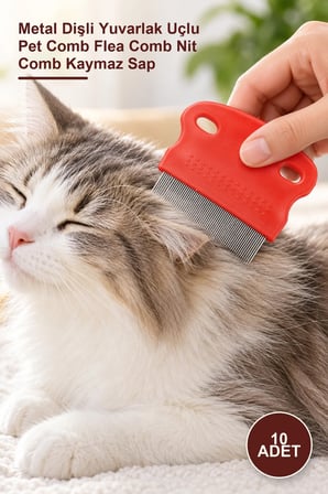 10 Adet Kedi Köpek Bit Pire Tarağı – Metal Dişli Yuvarlak Uçlu Pet Comb Flea Comb Nit Comb Kaymaz Sap