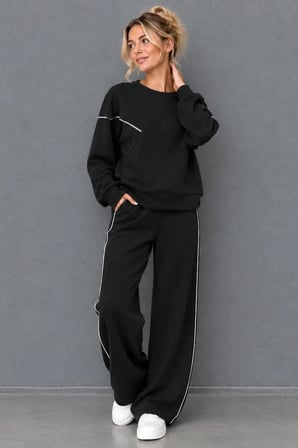 Kadın Bisiklet Yaka Biyeli Sweatshirt ve Bol Paça Eşofman Altı İkili Takım
