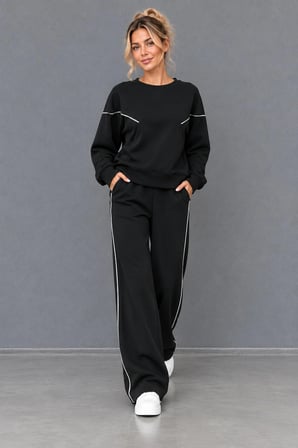 Kadın Bisiklet Yaka Biyeli Sweatshirt ve Bol Paça Eşofman Altı İkili Takım