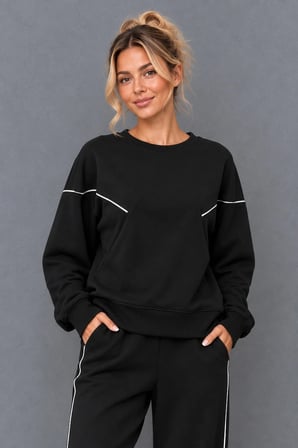 Kadın Bisiklet Yaka Biyeli Sweatshirt ve Bol Paça Eşofman Altı İkili Takım