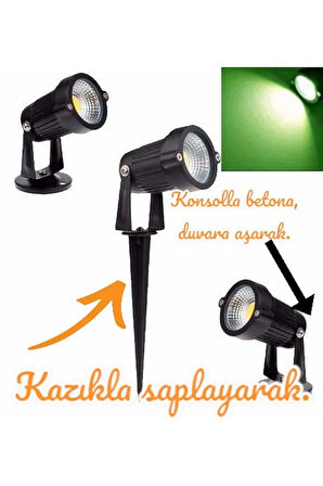  Elektrikle Çalışır, 7 Watt YEŞİL IŞIK Kazıklı Bahçe Armatürü, Çim Çiçek, Ağaç Aydınlatma Led Armatür