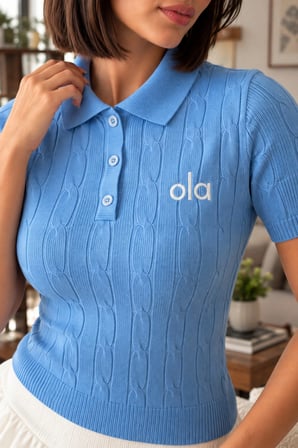 Kadın Polo Yaka Saç Örgü Desenli Kısa Kollu Triko Bluz