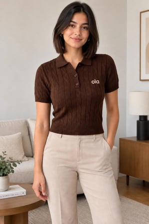 Kadın Polo Yaka Saç Örgü Desenli Kısa Kollu Triko Bluz
