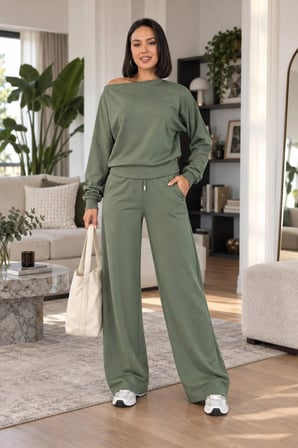 Kadın Oversize Yarasa Kol Bluz ve Bol Paça Pantolon İkili Takım