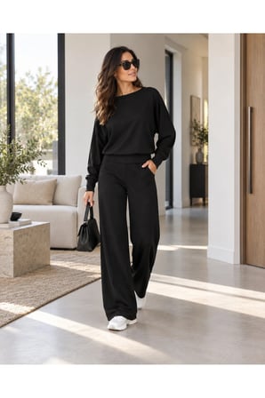 Kadın Oversize Yarasa Kol Bluz ve Bol Paça Pantolon İkili Takım