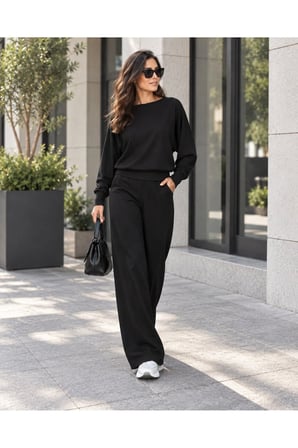 Kadın Oversize Yarasa Kol Bluz ve Bol Paça Pantolon İkili Takım