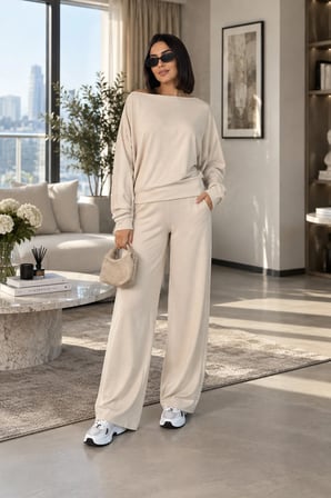 Kadın Oversize Yarasa Kol Bluz ve Bol Paça Pantolon İkili Takım