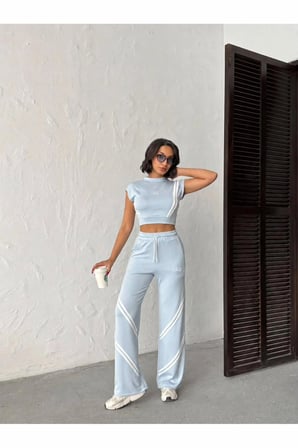 Kadın Şerit Detaylı Crop Top ve Yüksek Bel Bol Paça Pantolon İkili Takım