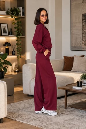 Kadın Fermuarlı Eşofman Takımı Geniş Paça Pantolonlu Cepli Günlük Spor Takım